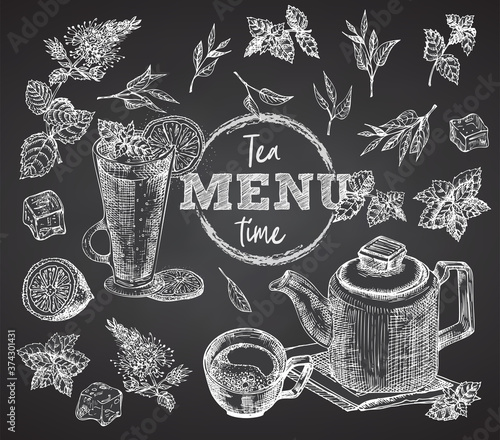 Tea time. Cup, Mug, teapot, mint, lemon, ice on black chalk board background Vintage hand drawn sketch design bar, restaurant, cafe menu, flyer, banner, poster engraving style Graphic vector art