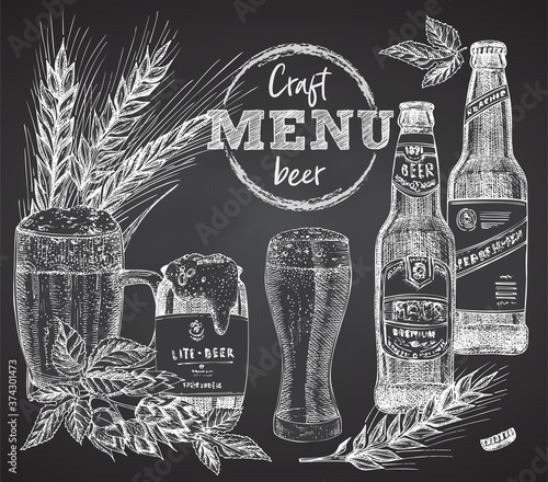 Set bottles craft, organic beer, beer can, wheat ear, hopon black chalk board background Vintage hand drawn sketch design bar, restaurant, cafe menu, flyer, banner, poster engraving style Vector art