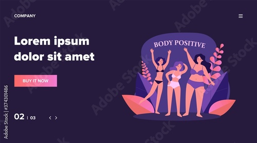 Body positive female characters in bikini waving by hands flat vector illustration. Happy plus size girls in swimsuits with different figures. Beauty and active healthy lifestyle concept