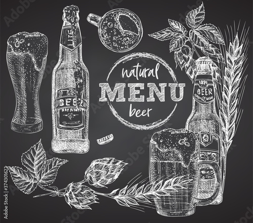 Set bottles craft, organic beer, glass, wheat ear, hop. on black chalk board background Vintage hand drawn sketch design bar, restaurant, cafe menu, flyer, banner, poster engraving style Vector art