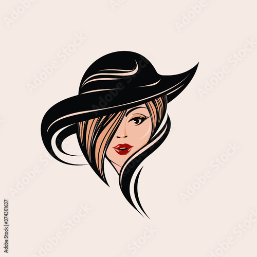 Woman with sun hat, elegant hairstyle and makeup.Fashion, style and beauty illustration.Young lady portrait isolated on light background.Decorative accessories.Long, wavy hair.Red lipstick.