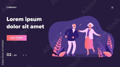 Active funny old couple dancing at party. Grandparents celebrating anniversary. Vector illustration for senior age, retirement, having fun, celebration concept