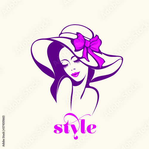Woman with elegant sun hat, makeup and hairstyle.Fashion, style and beauty illustration.Young lady portrait isolated on light fund.Decorative accessories.Long way hair.Pink ribbon bow and lipstick.