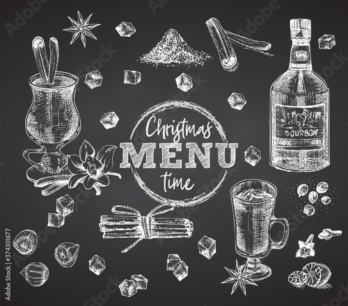 Set bottles Bourbon, glasses, eggnog christmas spice on black chalk board background Vintage hand drawn sketch design bar, restaurant, cafe menu, flyer, banner, poster engraving style Vector art