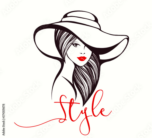 Woman with sun hat, elegant hairstyle and makeup.Fashion, style and beauty illustration.Young lady portrait isolated on light background.Decorative accessories.Long, wavy hair.Red lipstick.
