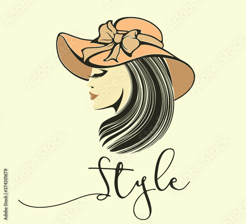 Woman with elegant sun hat, makeup and hairstyle.Fashion, style and beauty illustration.Young lady portrait isolated on light background.Decorative accessories.Long way hair.Ribbon bow.
