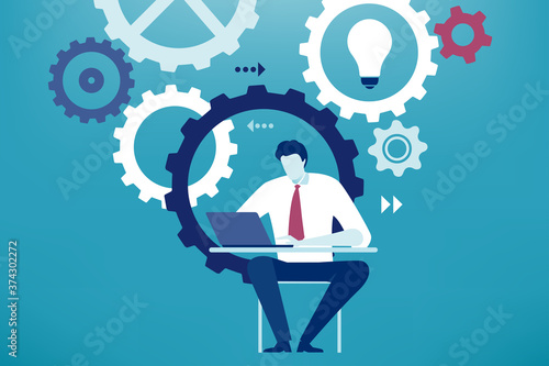 Developing project. Businessman works on new project. Business vector illustration
