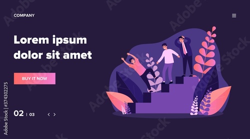Businessmen watching colleague falling from stair. Business failure, loss, error flat vector illustration. Career mistakes concept for banner, website design or landing web page