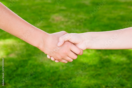 Two brothers or friends holding hands outside on green grass background. Love and family concept, unity. © zhinna