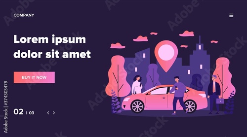 Commuters sharing car in city. People searching vehicle with location pointer. Vector illustration for transport rent  transfer  automobile  travel concept
