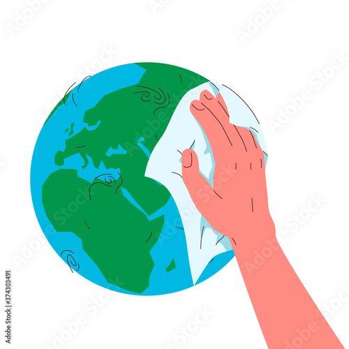 Earth globe cleaning with a rag. Vector concept illustration of blue and green earth planet globe and hand wiping it with a rag. Concept of care for environment, environmental conservation, ecosystem