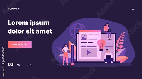 Blog authors writing articles. Freelance writers with laptops creating internet content. Vector illustration for online education, people of creative job, seo marketing concept