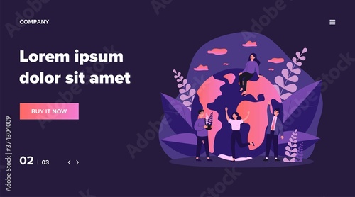 Earth, men with plants and women flat vector illustration. Tiny people saving world ecology and huge planet at background. Eco, environment and protecting nature concept