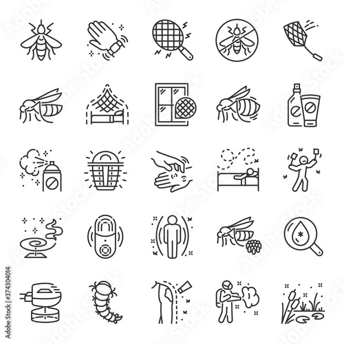 Mosquitoes, icon set. Mosquito repellent, protection, linear icons. bracelet, refills, spray, cream, mosquito net. Line with editable stroke