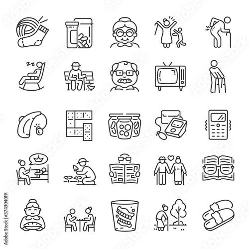 Old age, icon set. Grandfather and grandmother. Advanced age, linear icons. Old man, Nursing home. Line with editable stroke
