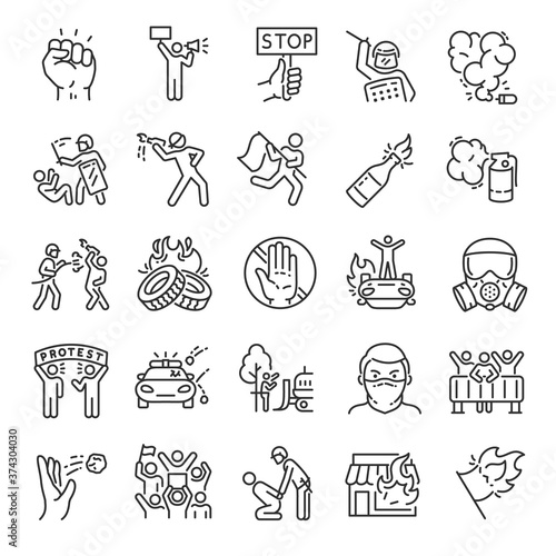 Protest, icon set. Strike, riot in the street, people make riots in the street, linear icons. Fight with the police, resist. Line with editable stroke