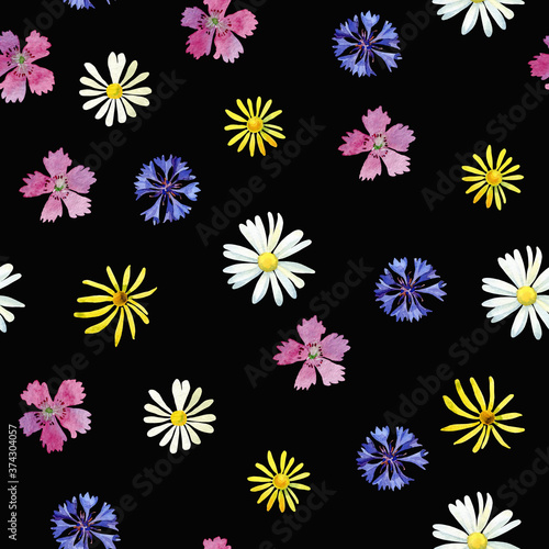 Seamless pattern of watercolor multicolored wild flowers on black background 