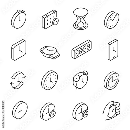 Time, icon set. Electronic and mechanical clocks of various shapes, linear icons. isometric style. Line with editable stroke