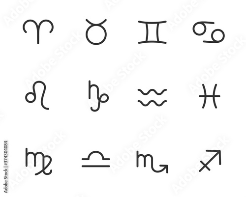 Zodiac signs, icon set. Astrology horoscope, minimalistic linear icons. Line with editable stroke