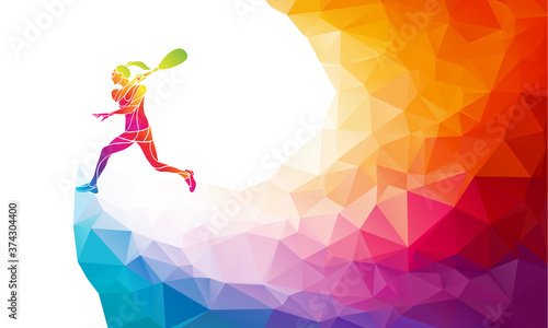 Creative silhouette of female squash player. Racquet sport vector illustration or banner template in trendy abstract colorful polygon style with rainbow back