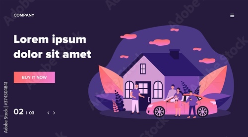 Children and grandchildren visiting grandpa. Country house, family meeting at entrance flat vector illustration. Togetherness, family, support concept for banner, website design or landing web page