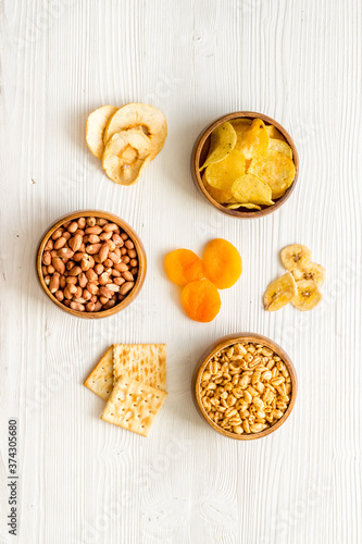 Fast food snacks collection - nuts and dried fruits top view