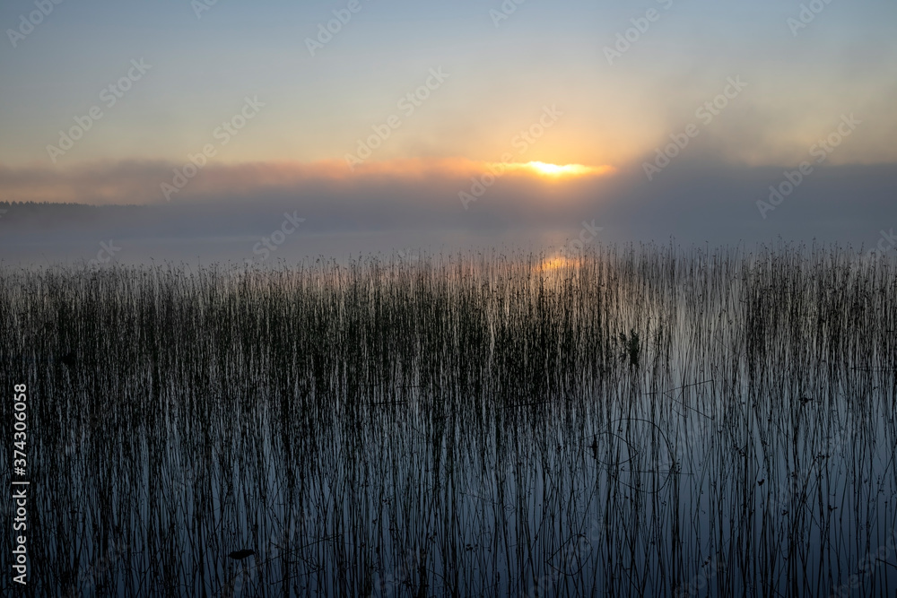 Fototapeta premium sunrise at a misty lake, Suomenniemi Finland