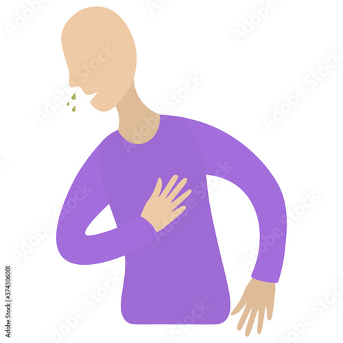 A person has snot running out of his nose. A symptom of various pathologies. Vector icon. Isolated white background. Flat style. Runny nose. Nose is stuffed. The patient has an allergy or a cold. 