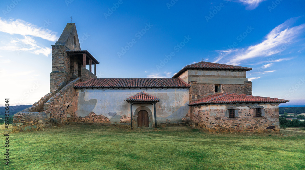 Brimeda, Castilla y Leon / Spain - August 10, 2020: Church of San Esteban at dusk Brimeda, Castilla y Leon / Spain - August 10, 2020: Church of San Esteban at dusk