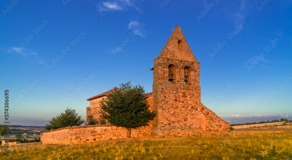 Brimeda, Castilla y Leon / Spain - August 10, 2020: Church of San Esteban at sunset