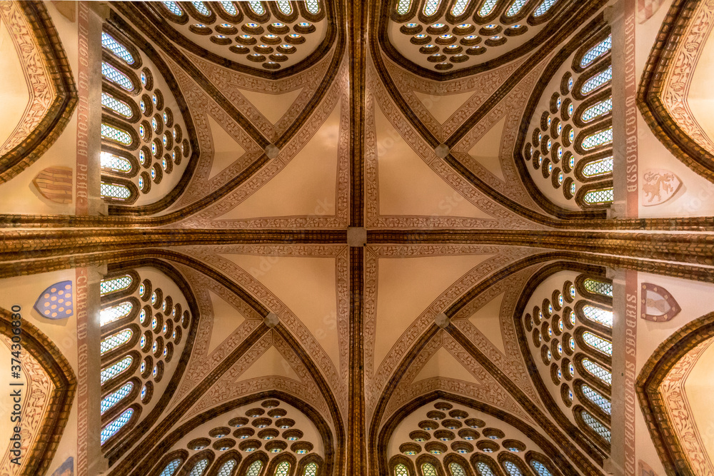 Astorga, Castilla y Leon / Spain - August 11, 2020: Ceiling of the Episcopal Palace in Astorga, built by Antoni Gaudi Astorga, Castilla y Leon / Spain - August 11, 2020: Ceiling of the Episcopal Palace in Astorga, built by Antoni Gaudi