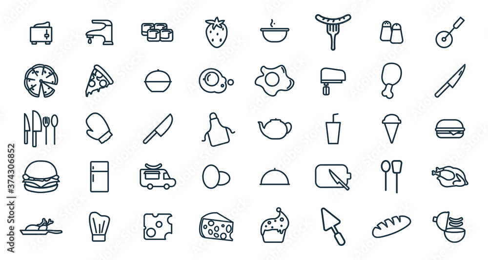 Food line icon set with bread, hamburger, fast food, sushi, ice cream, dish, sausage, kitchen, pizza Food line icon set with bread, hamburger, fast food, sushi, ice cream, dish, sausage, kitchen, pizza