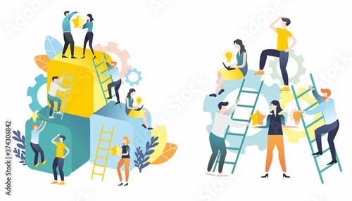 Flat illustration. Group of people. Teamwork. Men and women solve problems. Illustrations for business. Illustrations for infographics. © Svet
