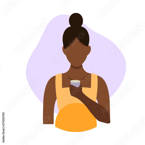 Vector flat illustration of a black pregnant woman drinking water from a glass. Healthy drinking infographics, central illustration. An African American woman drinks water in a flat style. Black girl