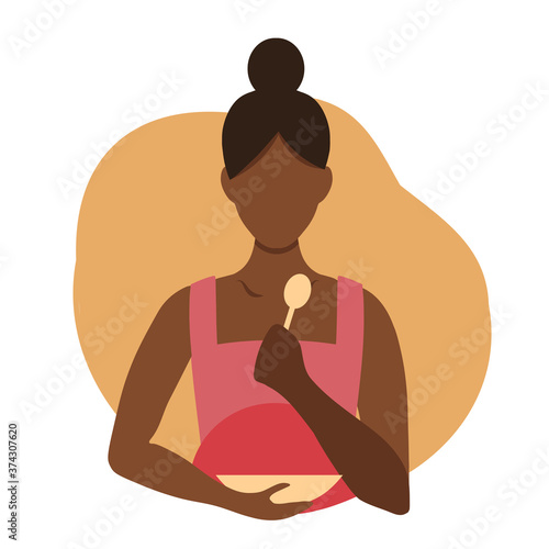 Vector flat illustration black pregnant woman eating. Healthy food infographics, central illustration. An African American woman holds a flat plate and spoon. Black girl mom