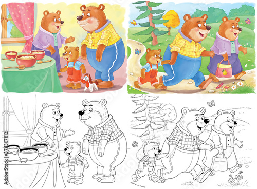 Goldilocks and the three bears. Fairy tale. Four pictures from series. Coloring book. Educational book. Illustration for children. Cute and funny cartoon characters