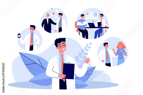 Young doctor and his work routine in hospital. Pill, patient, nurse flat vector illustration. Occupation and medicine concept for banner, website design or landing web page