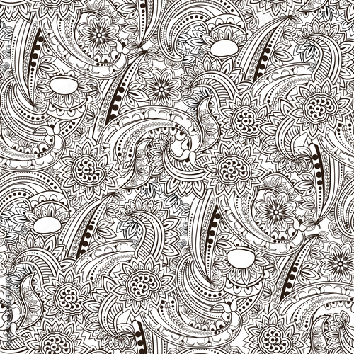 Mehndi ouline floral pattern with doodle indian ornament, buta, turkish cucumber. Seamless texture with paisley flower. Henna drawing oriental design.