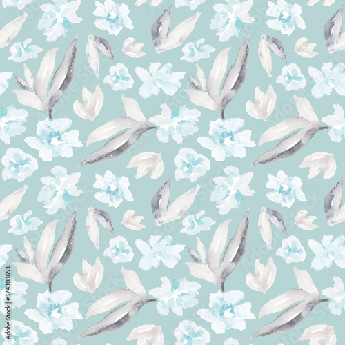 Watercolor floral pattern in pastel blue and pale gray.