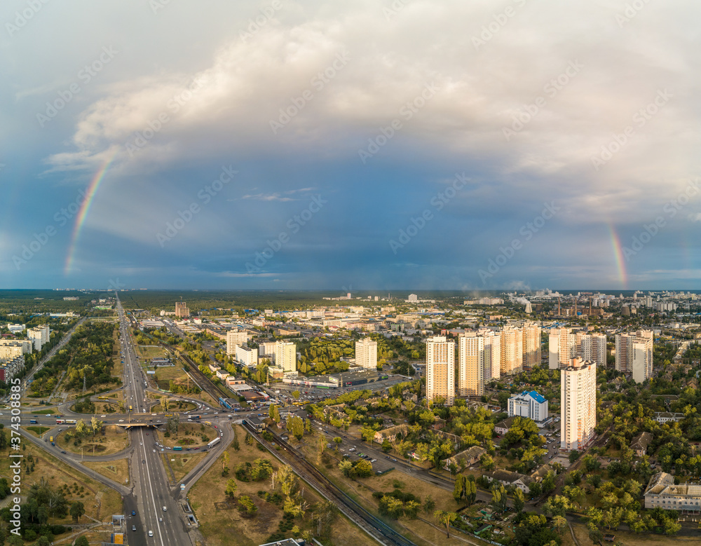 Aerial drone view. Double rainbow over a residential area of Kiev.