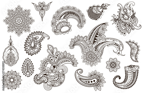 Mehndi set of Henna flower hand drawn tatoo elements. Floral paisley decorations in oriental, Indian, folk or ethnic style. Buta or turkish cucumber