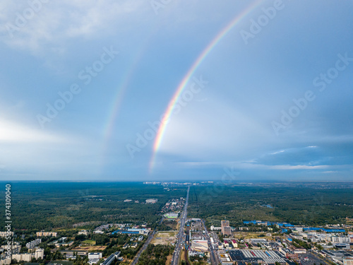 Double rainbow over a residential area of Kiev. Aerial drone view.