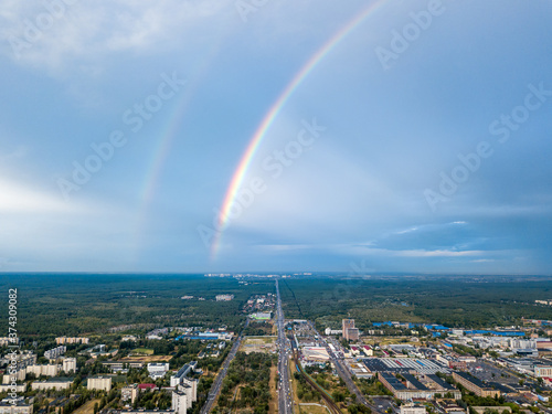 Double rainbow over a residential area of Kiev. Aerial drone view.