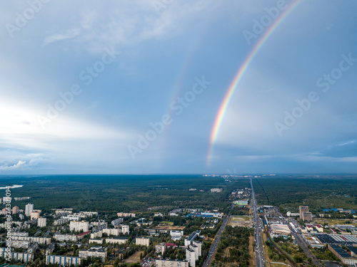 Double rainbow over a residential area of Kiev. Aerial drone view.