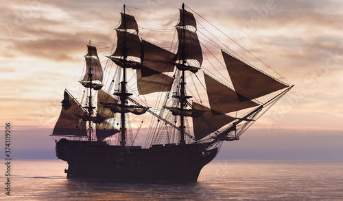 Cuadro en lienzo Pirate ship sailing on the ocean at sunset
