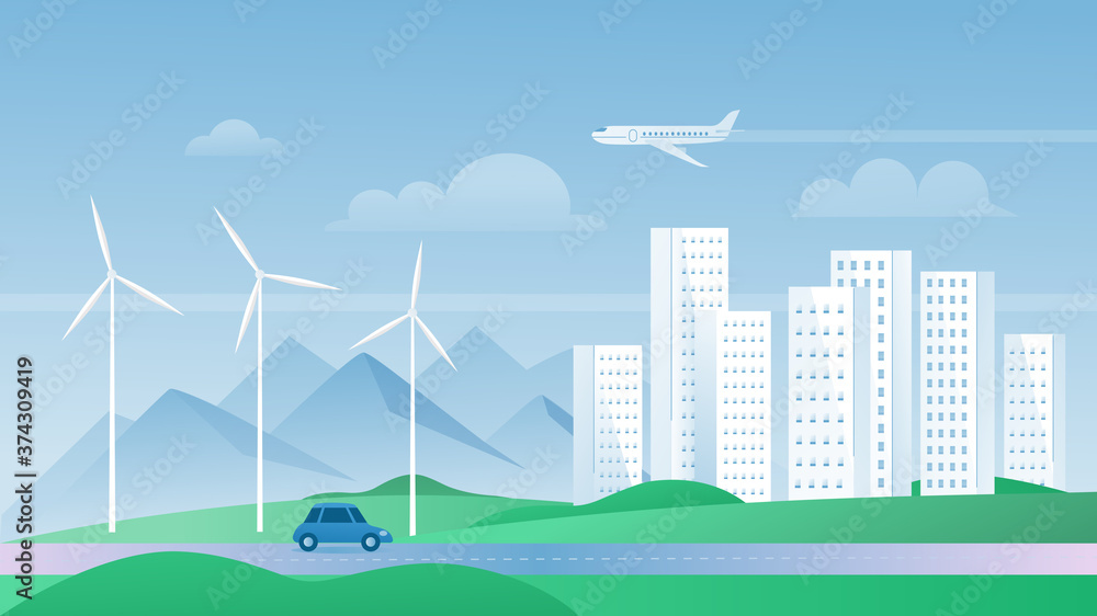 Eco city concept vector illustration. Cartoon flat urban summer modern cityscape with skyscrapers buildings, ecological windmills for save environment, alternative sustainable energy source background