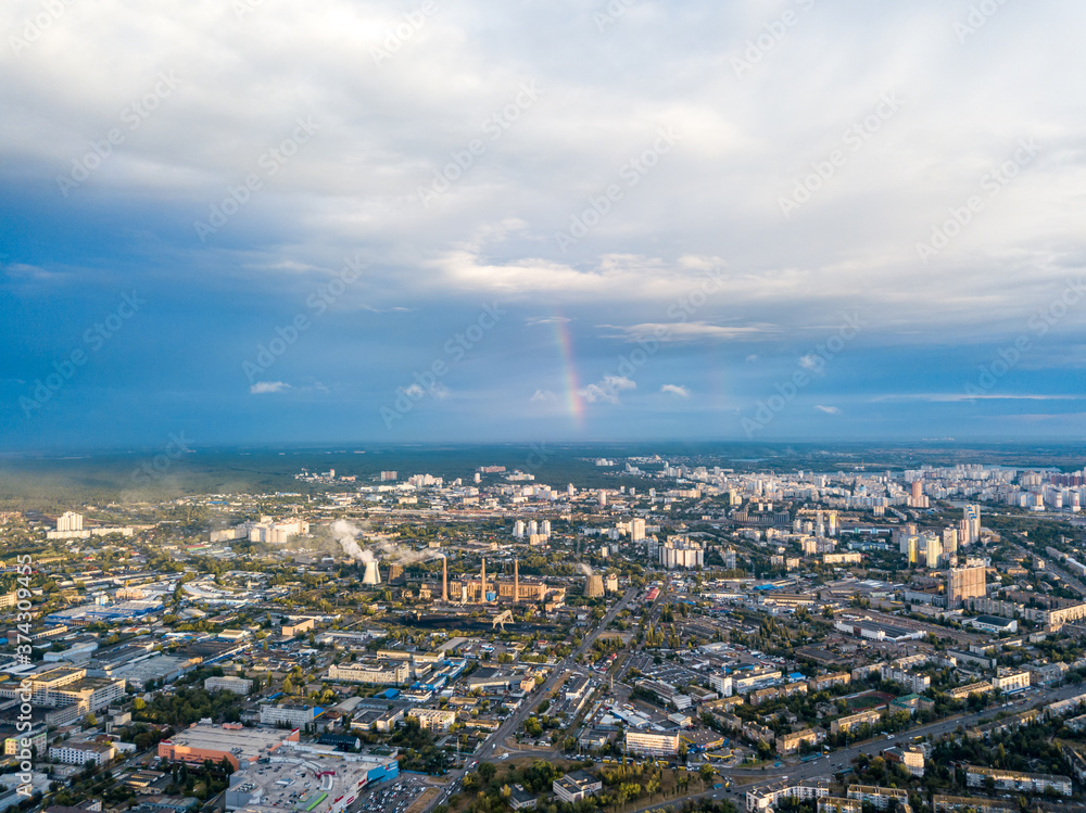 Aerial drone view. Rainbow over a residential area of Kiev.
