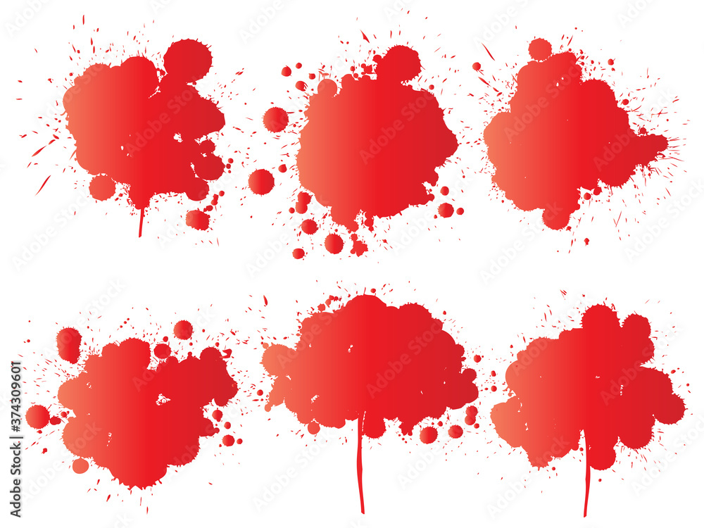 Fototapeta premium Vector collection of artistic grungy paint drop, hand made creative splash or splatter stroke set isolated white background. Abstract grunge dirty stains group, education or graphic art decoration