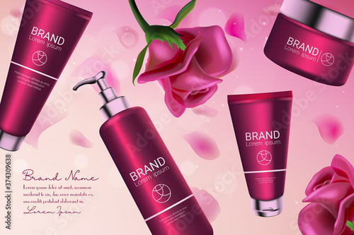 Pink rose cosmetics series vector illustration. 3d plastic cosmetic bottle with pump dispenser for body moisturizer, tube packaging with face care liquid cream product and natural pink rose background