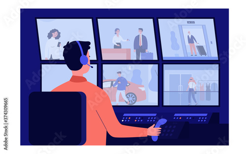 Security service worker sitting in dark control room flat vector illustration. Cartoon guard character watching monitors with video from surveillance cameras. CCTV and computer system concept